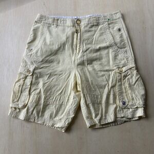CAVI Cargo Shorts Mens 34 Yellow Striped Seersucker Flat Front Casual Summer